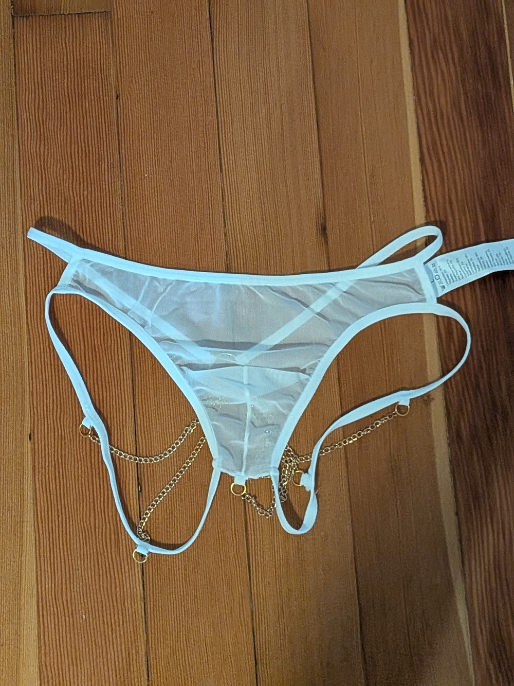 Men's White Sheer Mesh Bikini Brief with Gold Chain Accent - Picture 4 of 5